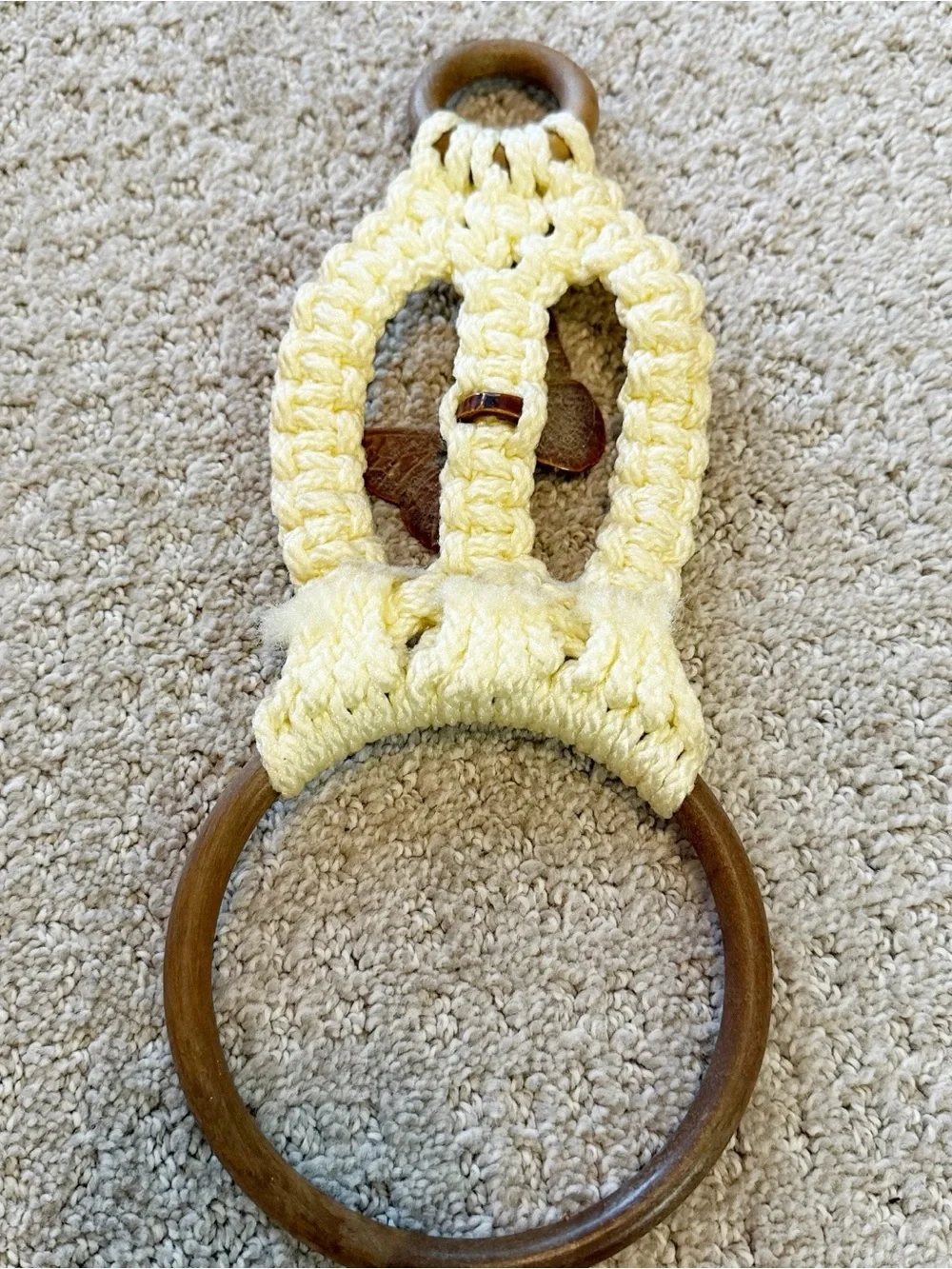 1970s Macrame Towel Holder Brown Ceramic Butterfly Handmade Hanging Boho Vintage